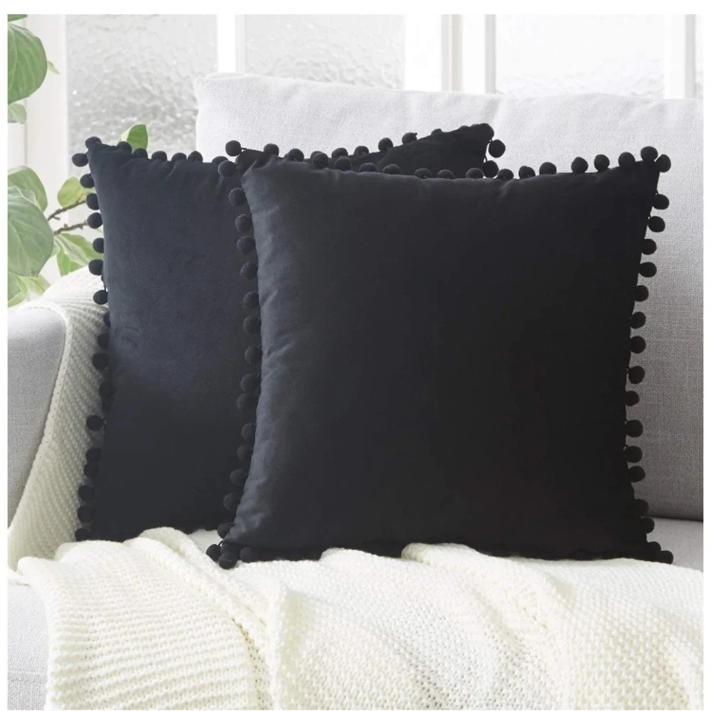 Trendy Navy Blue Modern Farmhouse Style Cute Pompom Throw Pillow Cover Set